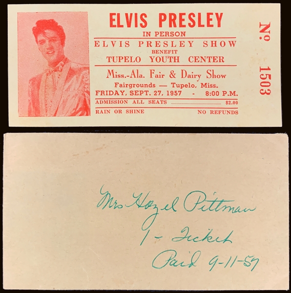 1957 Elvis Presley Pictorial FULL TICKET for his September 27, 1957 Concert in Tupelo, Miss. - with Original Ticket Envelope