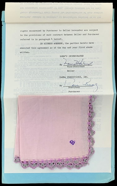 Lucille Ball Handkerchief and Desi Arnez Signed Contract Securing Rights to Two Lucy Movie Projects  (BAS)