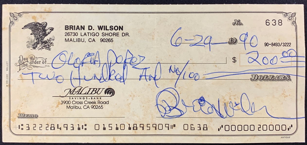 Brian Wilson of The Beach Boys Signed Personal Check (BAS)