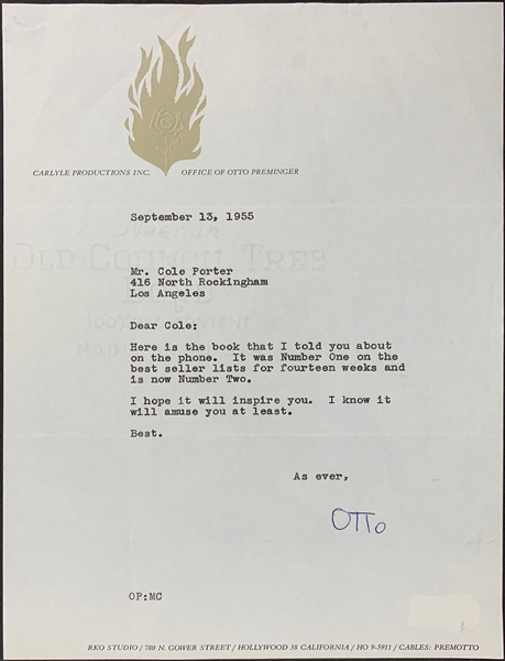 Director Otto Preminger Signed Letter to Composer Cole Porter on His Production Co. Letterhead (BAS)