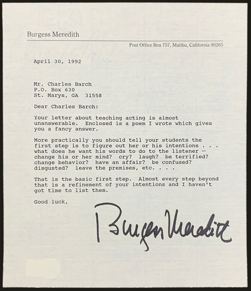Burgess Meredith (Rockys Manager) Signed Letter on His Personal Letterhead with Advice About Teaching Acting (BAS)