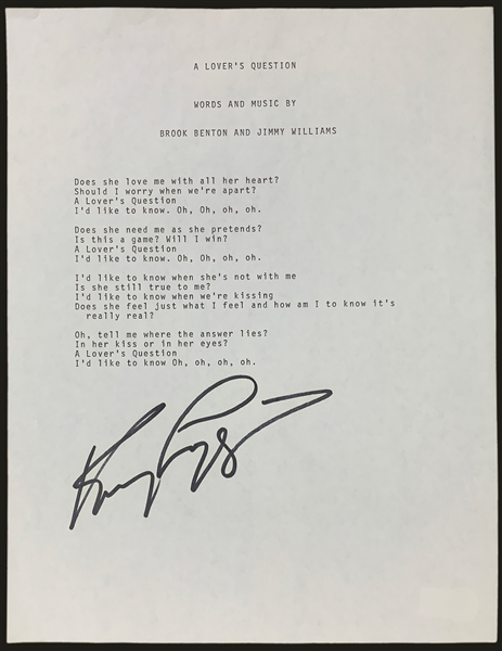 Kenny Loggins Signed Copy of the Lyrics for “A Lovers Question” - HUGE Signature (BAS)