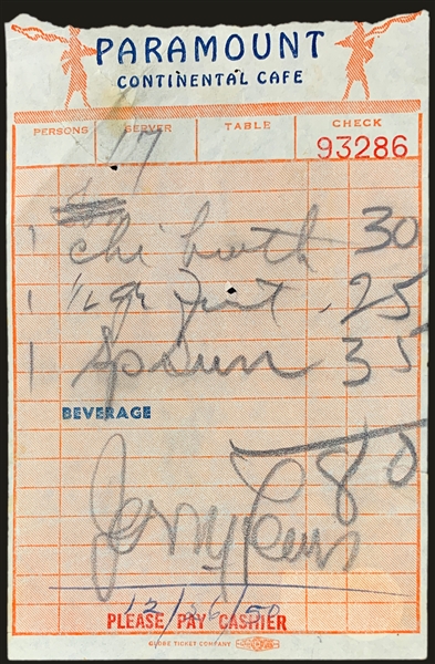 "Hey LAAAAADY!" Jerry Lewis Signed 1950 “Paramount (Pictures) Cafe” Receipt and WHAT HE HAD TO EAT! (BAS)