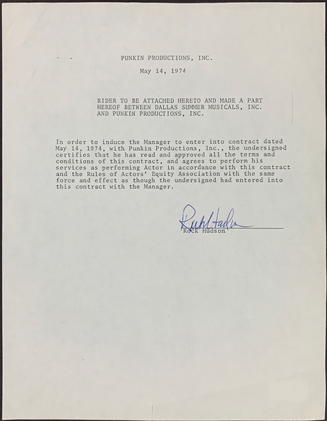 Rock Hudson Signed 1974 Performance Contract for the play "I Do, I Do" - Co-Starring Carol Burnett (BAS)