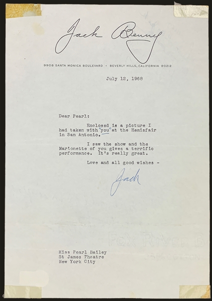 Jack Benny Signed 1968 Letter to Singer Pearl Bailey – with Baileys Handwritten Notes About Return Letter on Reverse (BAS)