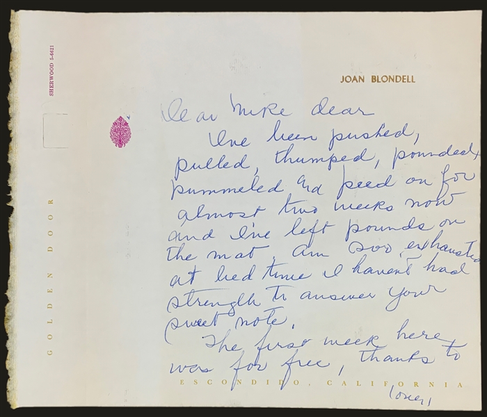 Joan Blondell at Weight-Loss Spa Handwritten Letter Signed to Gossip Columnist referencing "Hedda" & SINATRAS EX!