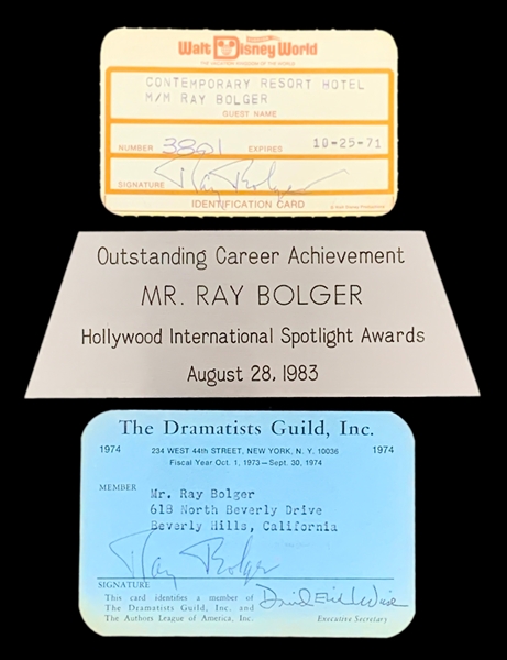 Ray Bolger Collection with Signed “Dramatists Guild” ID Card, Signed “Walt Disney World” ID Card and Award Plate (BAS)