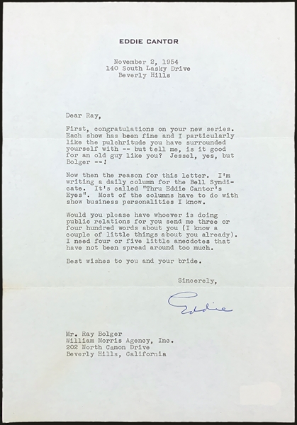 Eddie Cantor Signed Pieces Incl. 1954 Signed Letter to Ray Bolger Referencing Jessel & "pulchritude"! (3 Pieces) (BAS)
