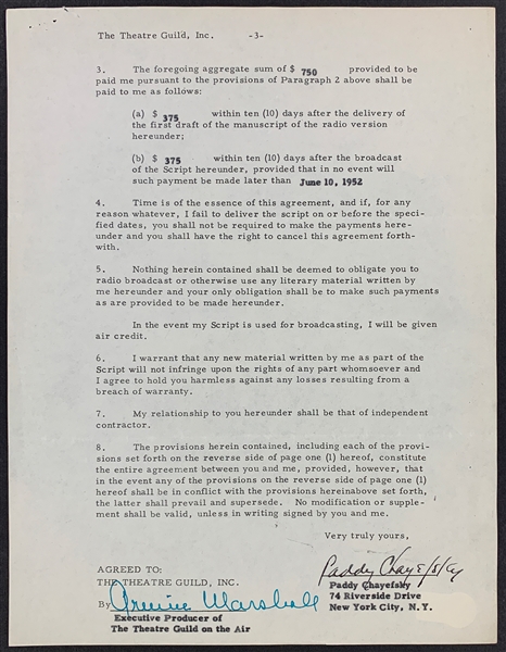 Paddy Chayefsky Signed 1952 Theatre Guild Agreement to Write Radio Play (BAS)