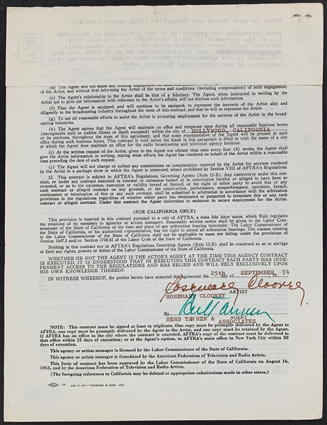 Rosemary Clooney Signed Contract with Her Agent Herb Tannen & Associates (BAS)