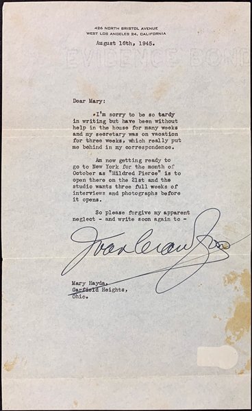 Joan Crawford Signed 1945 Letter Referencing the Premier of <em>Mildred Pierce</em> (BAS)