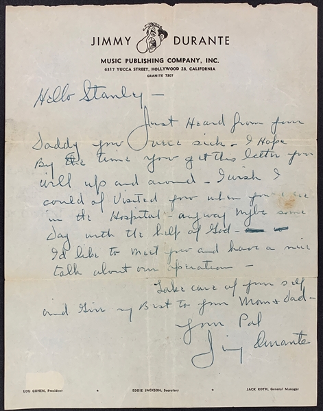 Jimmy Durante Handwritten Signed 1948 Letter on His "SCHNOZZOLA" Pictorial Letterhead (BAS)