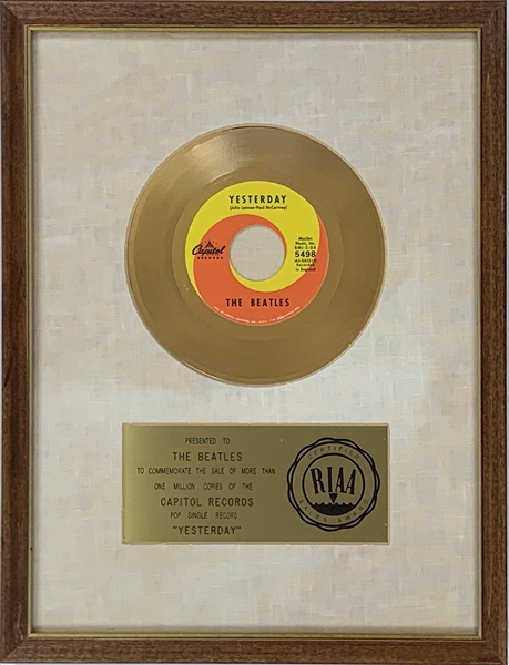 RIAA Gold Record Award for The Beatles 1965 Single “Yesterday” - Certified in 1965 – Early White Linen Matte Style