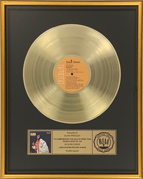 RIAA Gold Record Award for Elvis Presleys 1975 LP <em> Pure Gold</em> - Certified in 1977