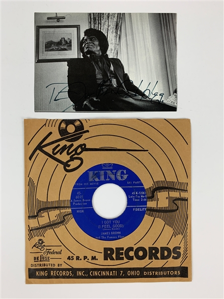 James Brown Signed Magazine Photo (“James Brown God Bless”) and 1965 King Records 45 RPM Single “I Got You (I Feel Good)”