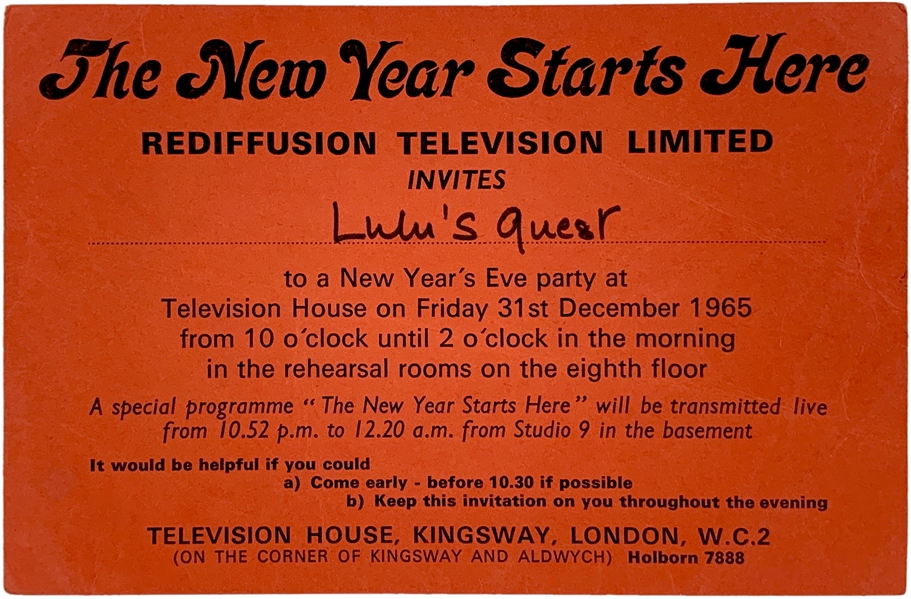 1965 "Rediffusion Television Limited" BBC <em>Ready, Steady Go</em> New Years Eve Party Broadcast Ticket
