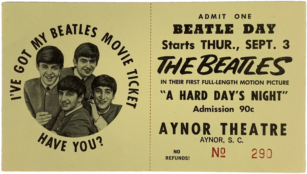1964 FULL Pictorial Ticket for Opening Night Showing of The Beatles <em>A Hard Days Night</em>