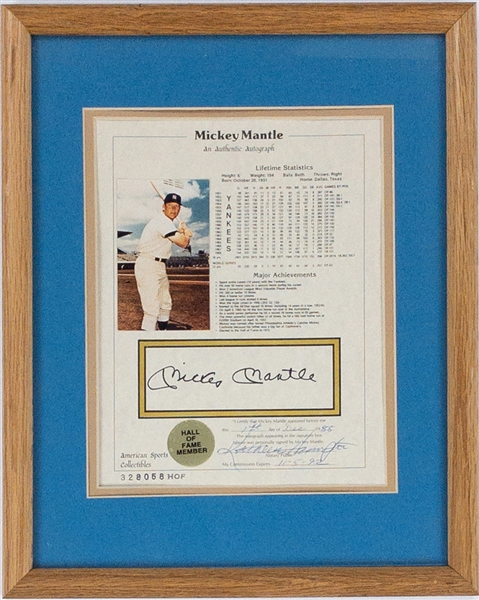 Mickey Mantle Signed 8 x 10 Statistics Sheet in Framed Display (BAS)