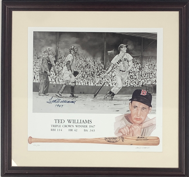 "Ted Williams 1947" Signed and Inscribed Triple Crown Artwork in Framed Display (BAS)