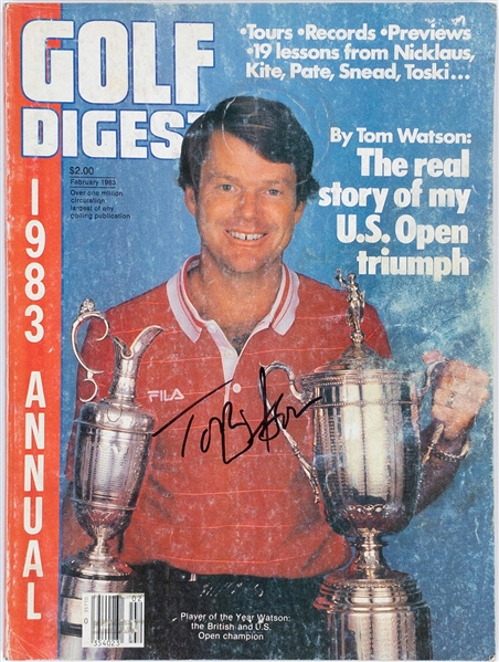 Tom Watson Signed 1983 <em>Golf Digest</em> – Pictured With U.S. Open and British Open Trophies! (BAS)