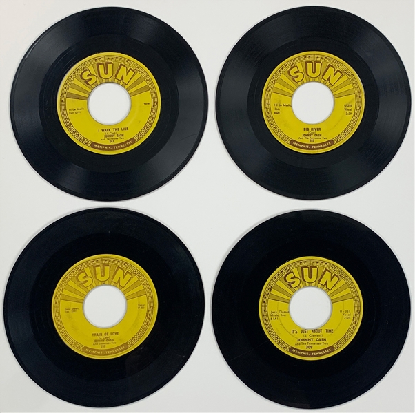 Johnny Cash Sun Records 45 RPM Singles Collection of Four Incl. Sun 241 ”I Walk the Line” and Sun 281 “Big River”