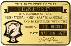 Elvis Presleys Kenpo Karate 5th Degree Black Belt Gold Metal ID Card - With LOA from Graceland Authenticated - Gifted to Elvis Bodyguard James Caughley, Jr.