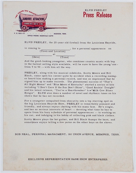 1955 Earliest Known Elvis Presley Press Release from both Colonel Parker, Hank Snow and Bob Neal