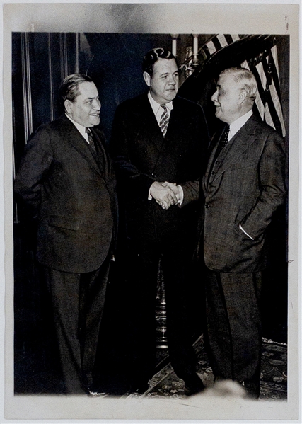 1935 Original News Service Photo of Babe Ruth, Jacob Ruppert and Emil Fuchs at Agreement Moving Ruth from Yankees to Boston Braves (PSA/DNA Type I)