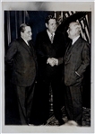 1935 Original News Service Photo of Babe Ruth, Jacob Ruppert and Emil Fuchs at Agreement Moving Ruth from Yankees to Boston Braves (PSA/DNA Type I)