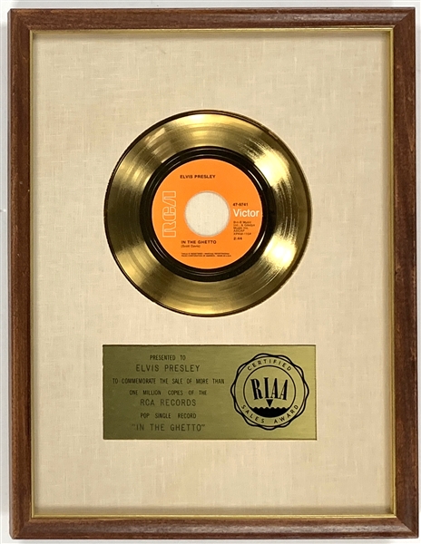 RIAA Gold Record Award for Elvis Presleys 1969 Single “In the Ghetto” - Certified in 1969 – Early White Linen Matte Style