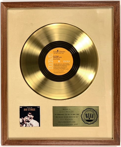 RIAA Gold Record Award for Elvis Presleys 1970 Live LP <em>On Stage, February 1970</em> - Certified in 1971 – Early White Linen Matte Style