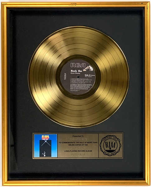 RIAA Gold Record Award for Elvis Presleys 1977 LP <em>Moody Blue</em> - “Presented to Elvis Presley” 
