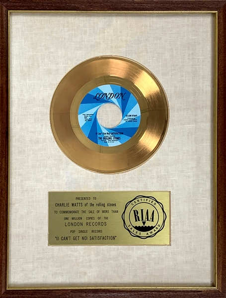 RIAA Gold Record Award for The Rolling Stones 1965 Single "(I Cant Get No) Satisfaction" - “Presented to Charlie Watts” Certified in 1965 – Early White Linen Matte Style