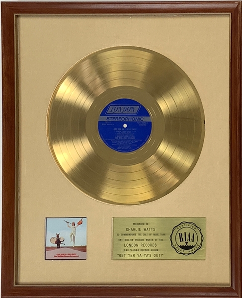 RIAA Gold Record Award for The Rolling Stones 1970 Live LP <em>Get Yer Ya-Yas Out!</em>  - “Presented to Charlie Watts” - Certified in 1970 – Early White Linen Matte Style