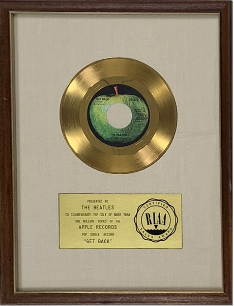 RIAA Gold Record Award for The Beatles 1969 Single "Get Back" - Certified in 1969 – Early White Linen Matte Style