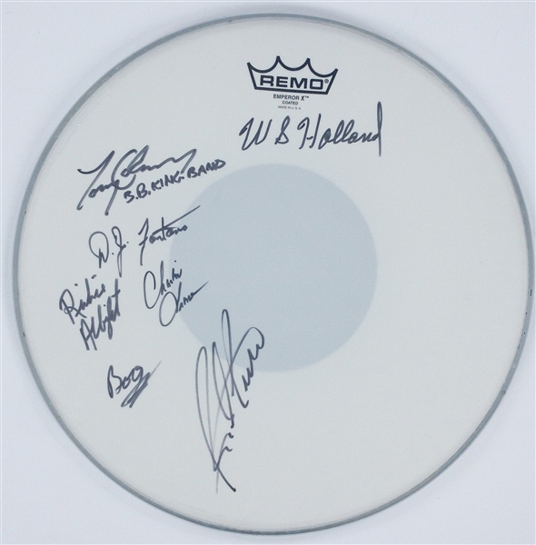 Drum Head Signed by Seven Legendary Drummers Incl. D.J. Fontana (Elvis), WS Holland (Johnny Cash) and Others