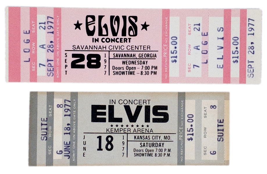 Pair of UNUSED Elvis Presley 1977 Concert Tickets – June 18 Kemper Arena (FINAL TOUR) and September 28 Savannah Civic Center (TOUR THAT NEVER WAS)