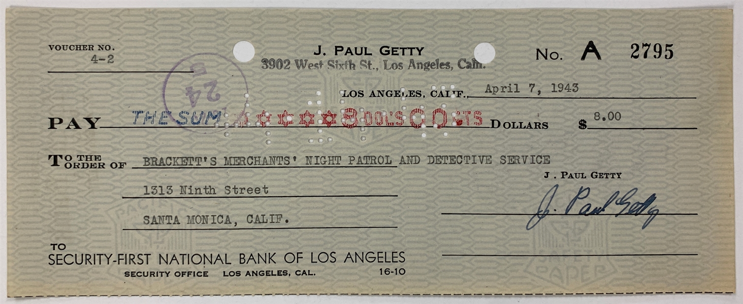 Industrialist J. Paul Getty Signed Check (BAS)