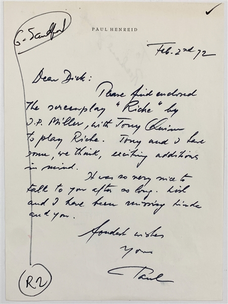 Paul Henreid (<em>Casablancas</em> “Victor Lazlo”) Handwritten Letter to Daryl F. Zanuck 20th Century Fox Studio Head (BAS)