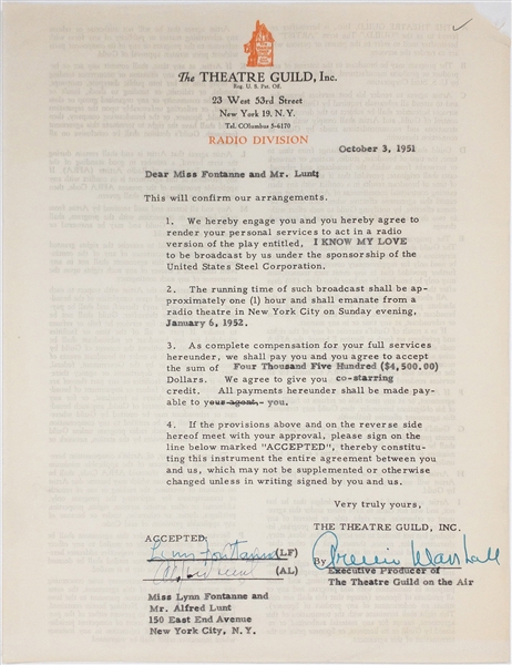 “The Lunts” Signed “Theatre Guild” Performance Contract – Alfred Lunt and Lynn Fontanne (BAS)