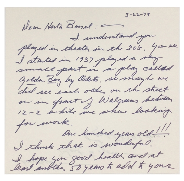 Karl Malden Handwritten Signed Letter to a 100-Year Old Broadway Performer! (BAS)