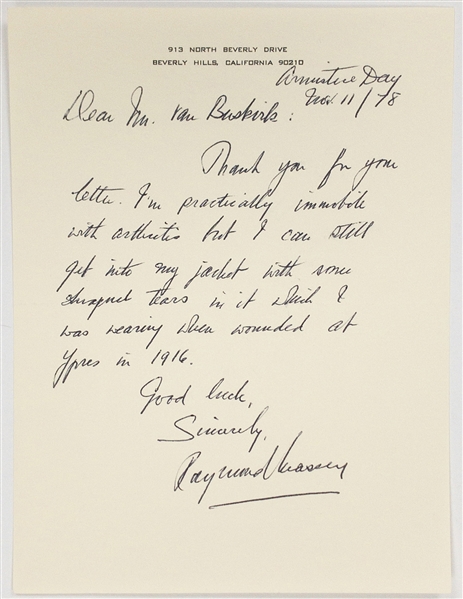 Raymond Massey Handwritten Signed Letter Referencing His WWI Service at the Battle of Ypres! (BAS)