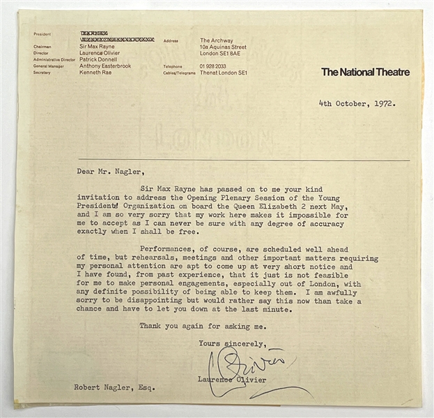 Sir Laurence Olivier Signed Letter as President of Londons “ National Theatre” (BAS)