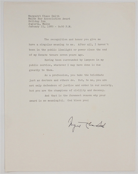 Margaret Chase Smith Signed Acceptance Speech for 1980 Award – First Woman to Serve in Both Houses of Congress (BAS) 