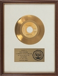 RIAA Gold Record Award for Elvis Presleys 1969 Single “Suspicious Minds” - “Presented to Press Publishing” - Certified in 1969 - Early White Linen Matte Style
