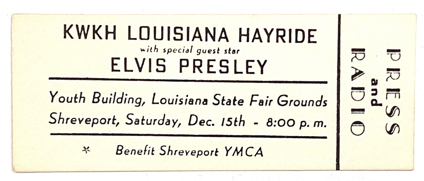 December 15, 1956, Full Press and Radio” Ticket for Elvis Presley at the Louisiana State Fairgrounds in Shreveport