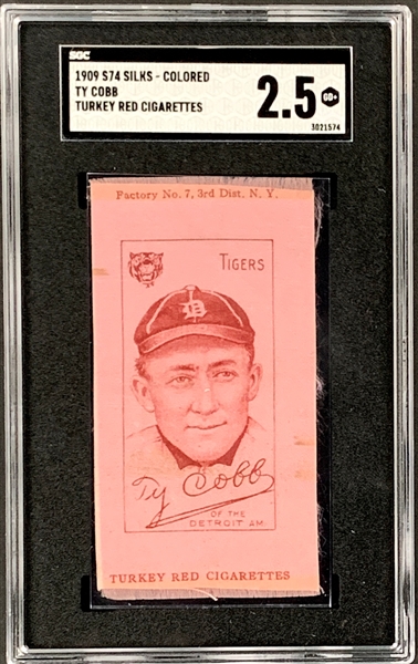 1909 S74 Turkey Red Cigarettes “Colored” Silks Ty Cobb – SGC GD+ 2.5 – Tougher Pink Example