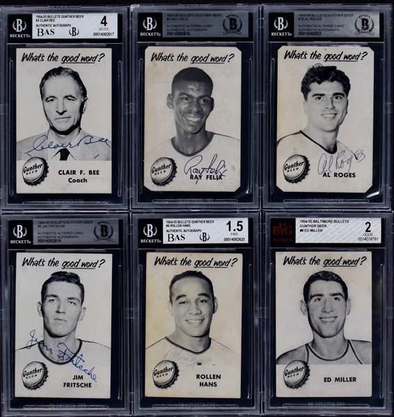 Extremely Rare 1954-55 Gunther Beer Baltimore Bullets Near Set (6/11) with Five Signed Cards! (BAS)