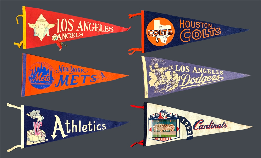 1960s Baseball Pennant Collection of Six Incl. Houston Colt 45s, Los Angeles Dodgers and Others