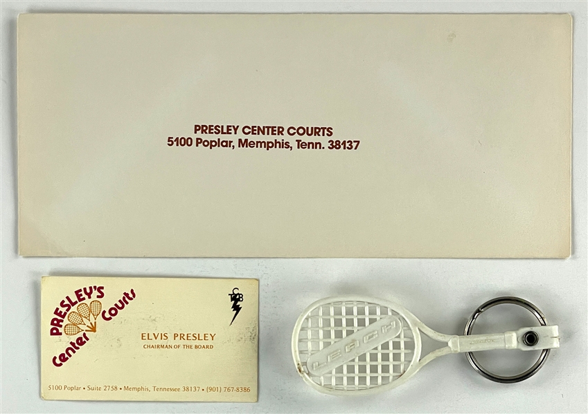 Elvis Presleys Presleys Center Courts "Chairman of the Board Business Card Plus Rarely Seen Envelope and Elvis Racquetball Racquet Keychain